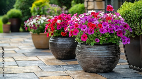 Wallpaper Mural A circular arrangement of planters filled with blooming flowers on a cozy patio, vibrant petals contrasting with stone tiles, peaceful outdoor space Torontodigital.ca