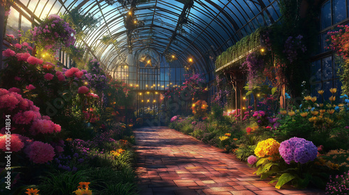 A grand greenhouse with glass walls, filled with oversized, ultra-realistic enchanted flowers and twisting vines, glowing softly with dynamic, realistic lighting and reflections