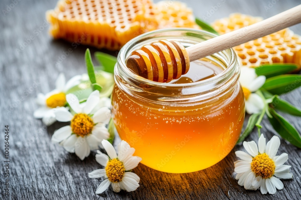 Organic honey in a glass jar, with a wooden dipper, surrounded by honeycomb and fresh flowers on a rustic table Organic honey in a glass jar, with a wooden dipper, surrounded by honeycomb and fresh flowers on a rustic table