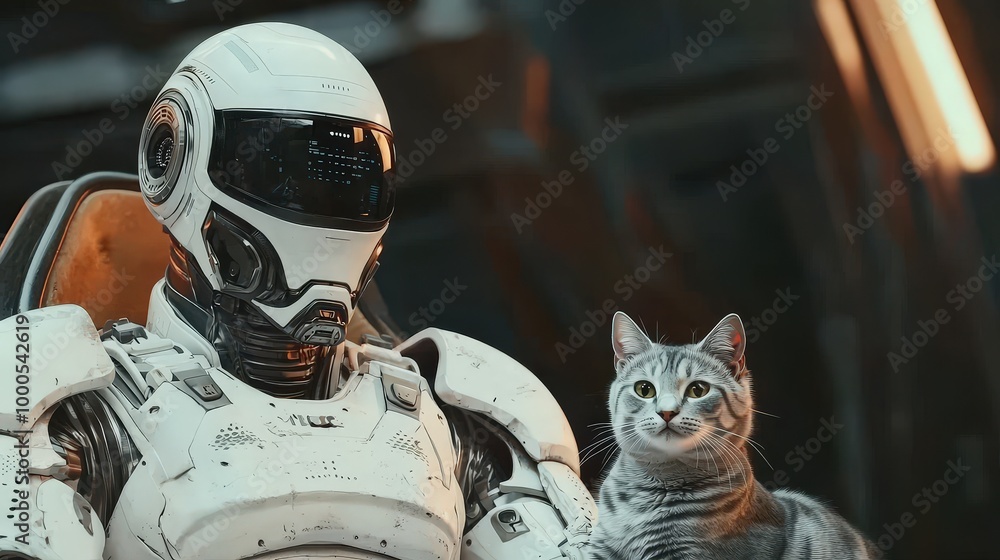 Obraz premium Futuristic Cyborg with Silver Cat in Post Apocalyptic Setting