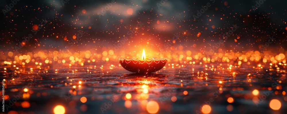Fototapeta premium Diwali lamp, glowing with bokeh lights in the background, 3D illustration