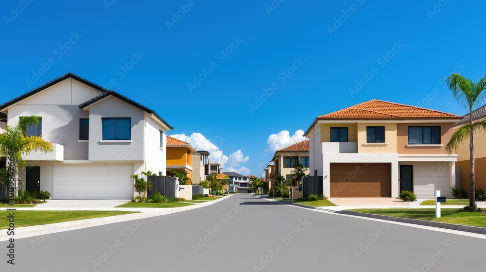Modern Suburban Street with Houses Palm Trees and Blue Sky Modern Suburban Street with Houses Palm Trees and Blue Sky