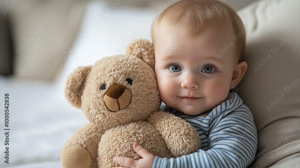 A photostock image of a baby holding a soft plush toy A photostock image of a baby holding a soft plush toy
