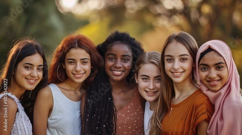 A multicultural group of young women, all smiling and standing in a friendly manner
