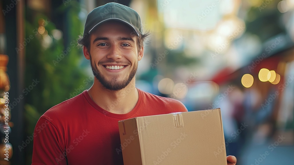 Smiling Delivery Man Holding Cardboard Box Smiling Delivery Man Holding Cardboard Box