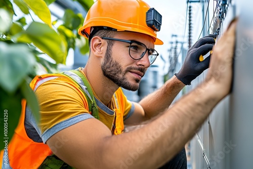 Technicians upgrading a power grid, connecting wind and solar farms to the existing energy infrastructure to enable a cleaner future