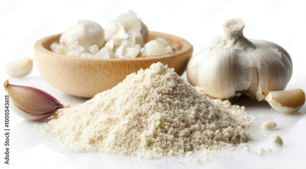 Fototapeta premium Garlic powder on white background, product photography, studio light, high resolution photography