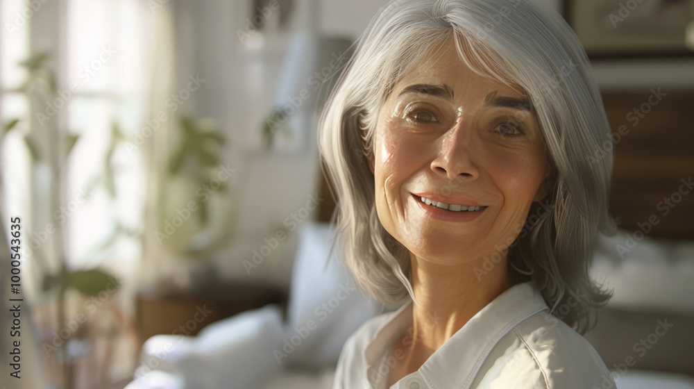 Fototapeta premium A realistic, lifelike image of a cheerful older woman with shoulder-length white hair