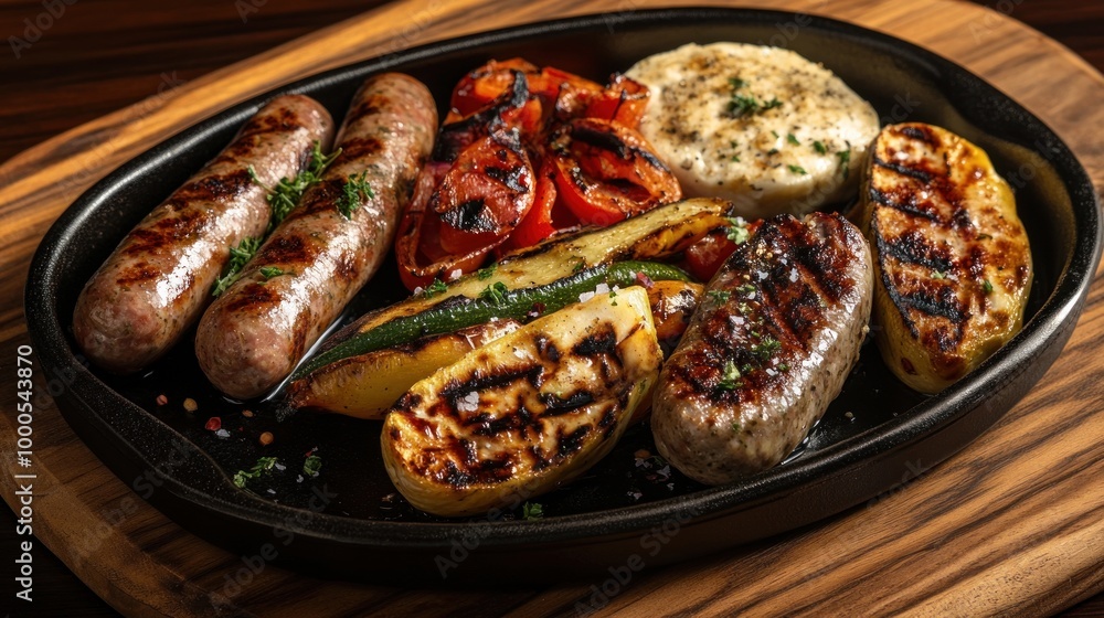 A sizzling platter of grilled sausages and vegetables, showcasing a delicious meal. A sizzling platter of grilled sausages and vegetables, showcasing a delicious meal.