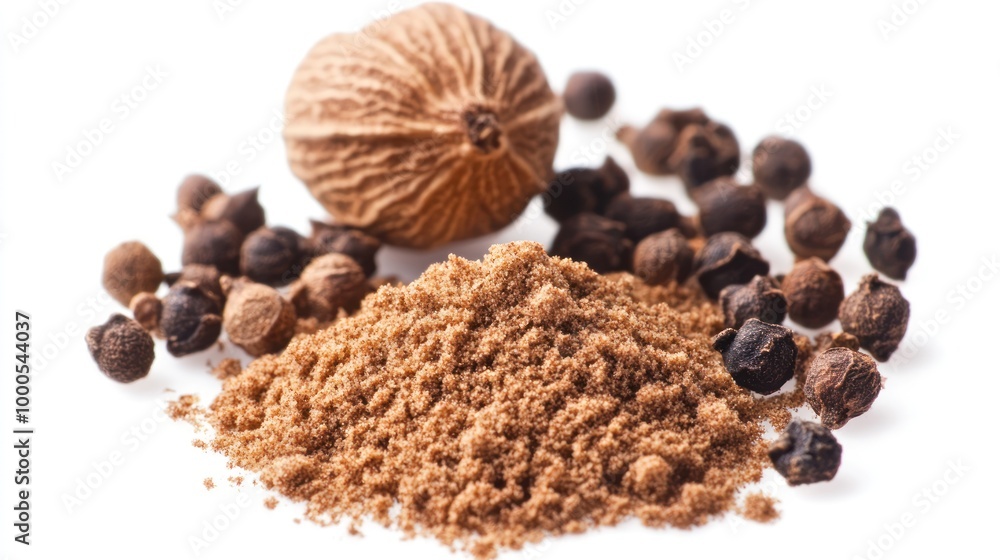 A collection of spices, featuring ground nutmeg and whole allspice berries. A collection of spices, featuring ground nutmeg and whole allspice berries.