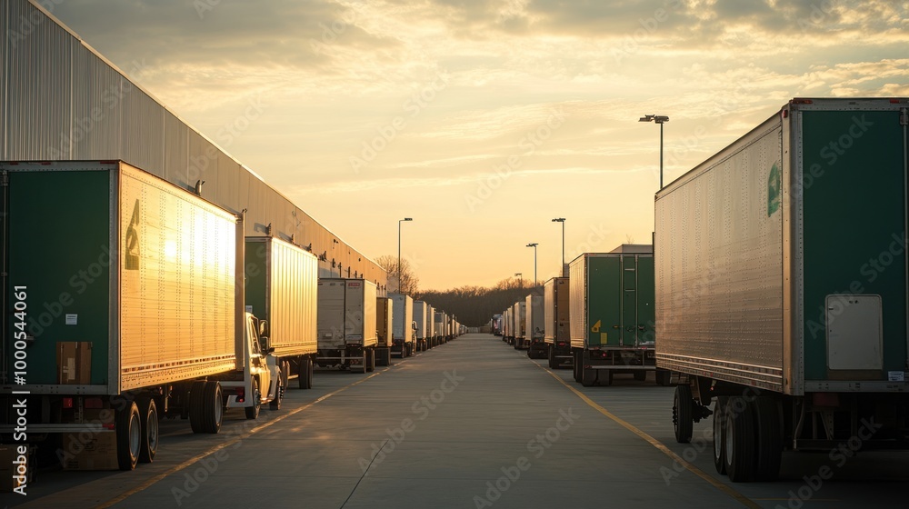Trucks lined up in a distribution center during sunset, showcasing industrial logistics.