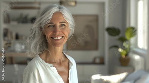 A realistic, photorealistic image of a happy middle-aged woman with white hair