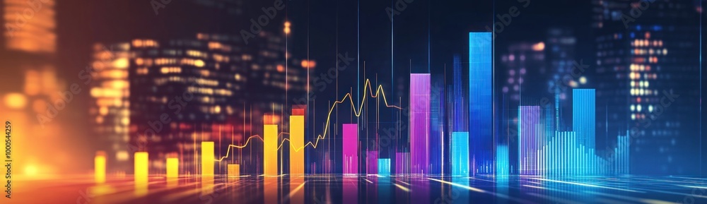 A vibrant bar graph representing data trends against a city skyline backdrop. A vibrant bar graph representing data trends against a city skyline backdrop.