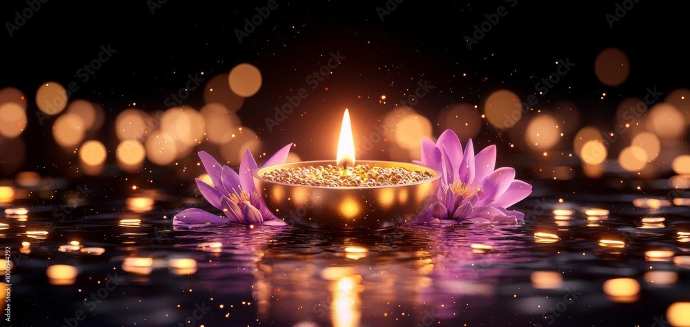 Obraz premium A festive Diwali night with a glowing lamp, soft bokeh lights, and an elegant floral display