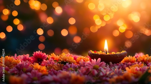 A Diwali setup featuring a traditional lamp, shimmering bokeh lights, and a bed of fresh flowers