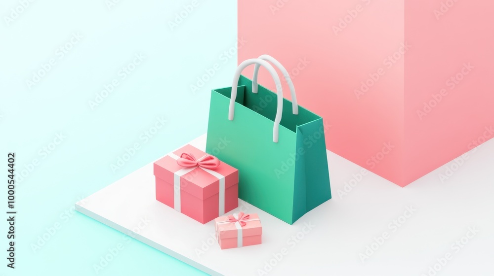 A minimalist scene featuring a shopping bag and two gift boxes in pastel colors. A minimalist scene featuring a shopping bag and two gift boxes in pastel colors.