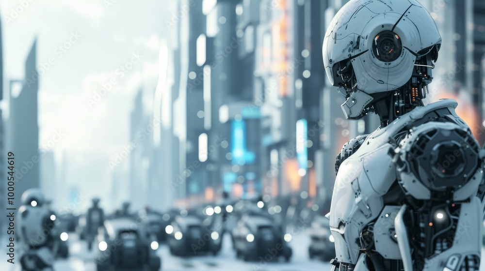 A lone humanoid robot gazes over a futuristic city, possibly observing or analyzing. The advanced machinery and bustling city scene create a sense of isolation amidst high-tech progress. The muted A lone humanoid robot gazes over a futuristic city, possibly observing or analyzing. The advanced machinery and bustling city scene create a sense of isolation amidst high-tech progress. The muted