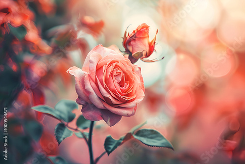 Single Red roses are blooming in the garden, Beautiful half bloomed Hojun rose flower in Natural environment for backgrounds, wrapping, designs, Pink, purple rose buds with dew drops in garden,
 photo