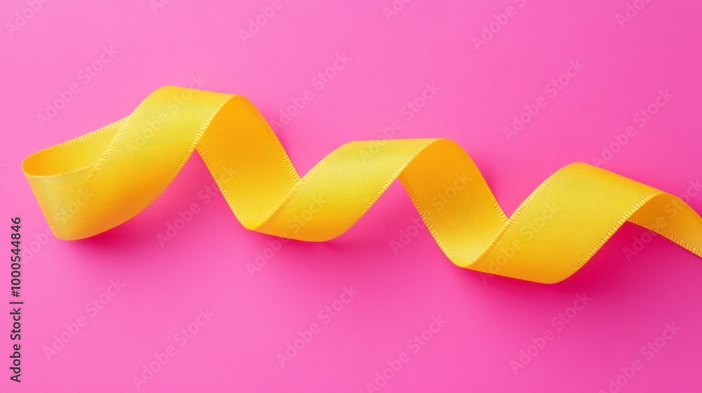 A vibrant yellow ribbon gracefully twisted on a bright pink background. A vibrant yellow ribbon gracefully twisted on a bright pink background.