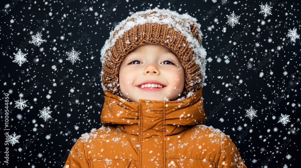 Happy Child in Winter Snowfall Festive Holiday Portrait Happy Child in Winter Snowfall Festive Holiday Portrait