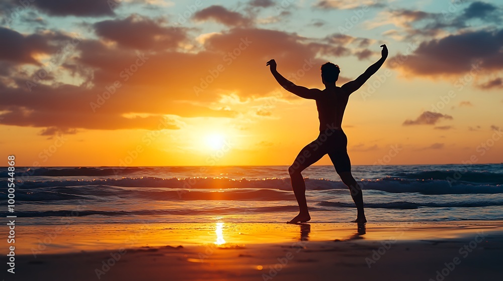 Silhouette of a man with arms raised in the air on a beach at sunset. Silhouette of a man with arms raised in the air on a beach at sunset.