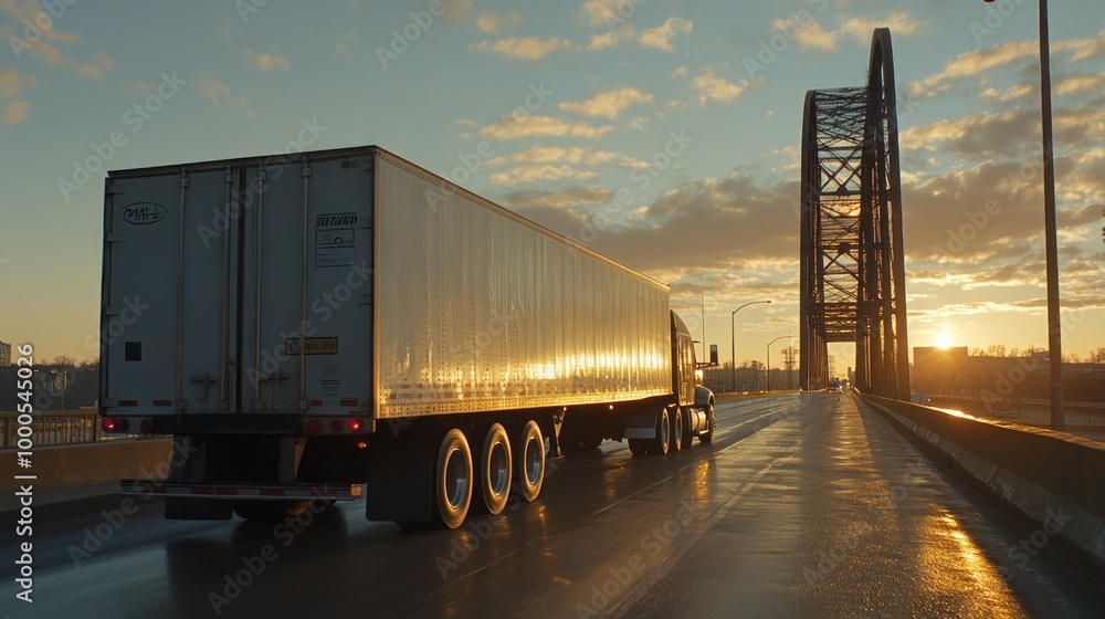 Obraz premium A truck crosses a bridge at sunset, highlighting transportation and infrastructure.