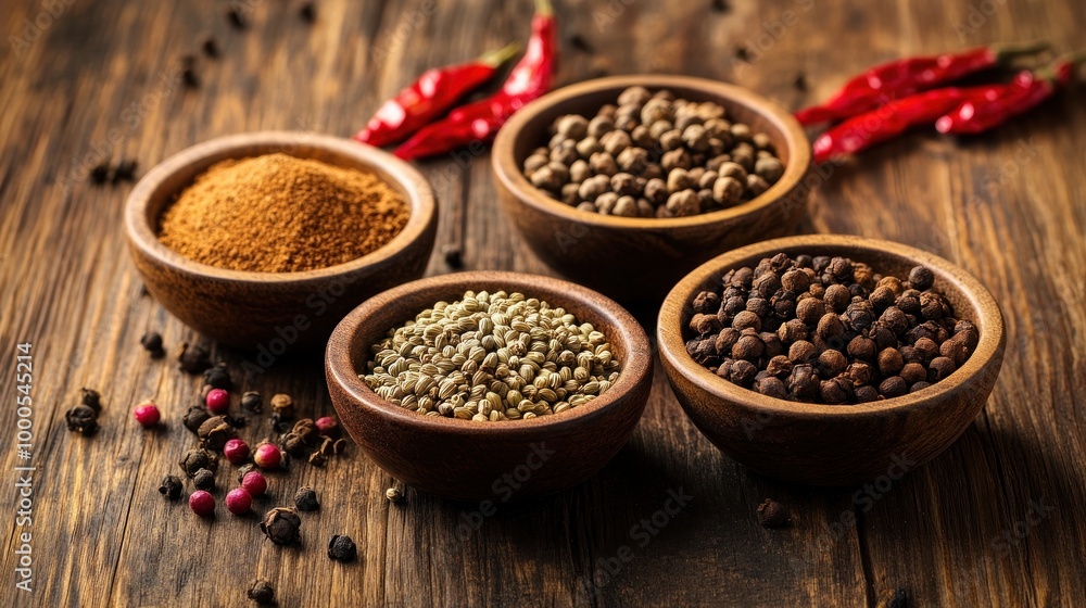 A collection of spices in wooden bowls, showcasing various textures and colors. A collection of spices in wooden bowls, showcasing various textures and colors.