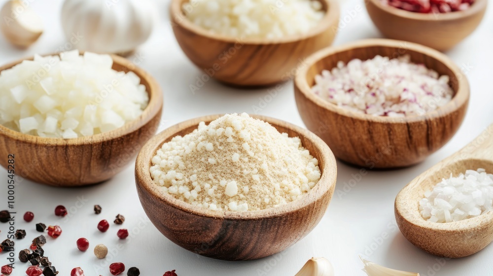 A variety of spices and chopped ingredients in wooden bowls, showcasing culinary preparation. A variety of spices and chopped ingredients in wooden bowls, showcasing culinary preparation.