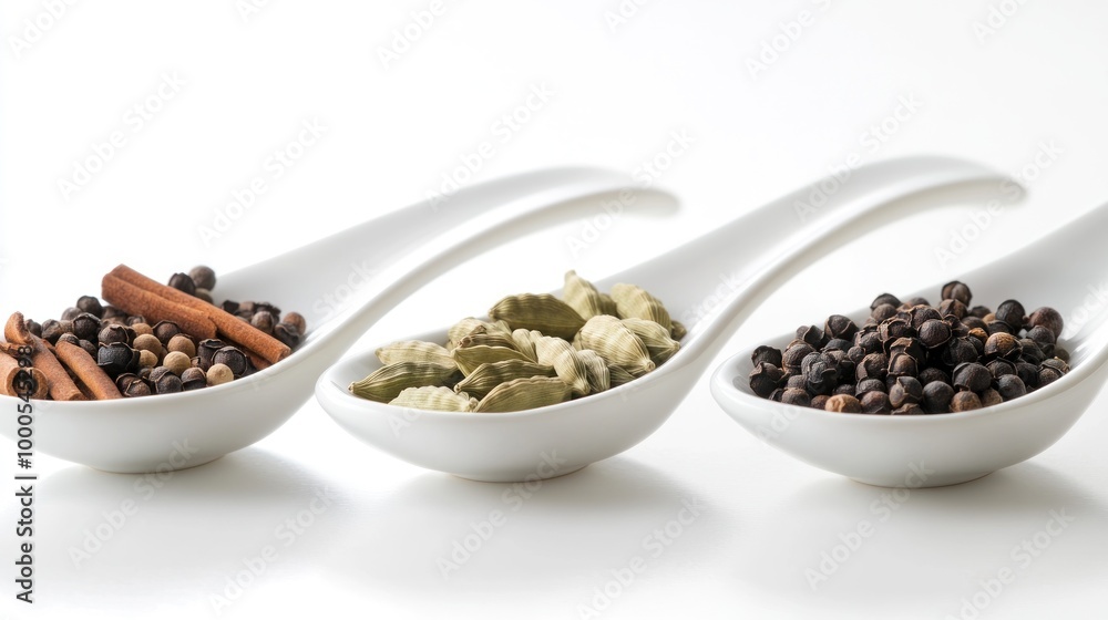 Three white spoons holding various spices and herbs for culinary use. Three white spoons holding various spices and herbs for culinary use.