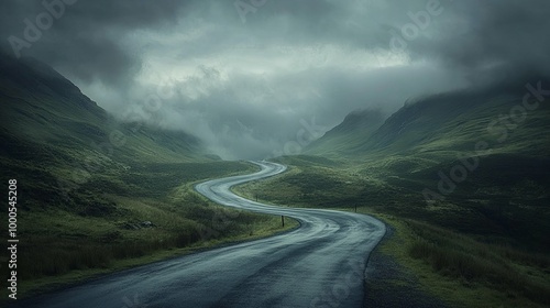 Winding Road Through Misty Mountain Valley