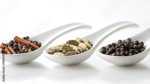 Three white spoons holding various spices and herbs for culinary use.