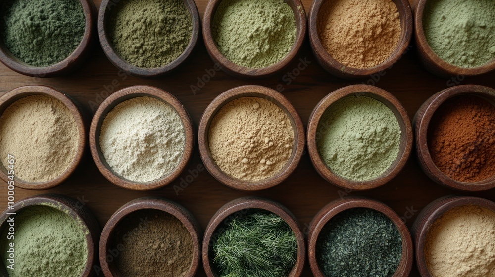 A variety of colorful spices and powders displayed in round containers on a wooden surface. A variety of colorful spices and powders displayed in round containers on a wooden surface.