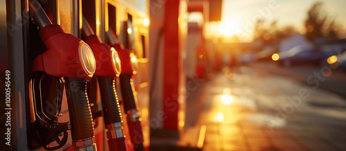 Gas Station Fuel Pumps at Sunset. Modern Gas Station Fuel Pump At Sunset With Blurred Background