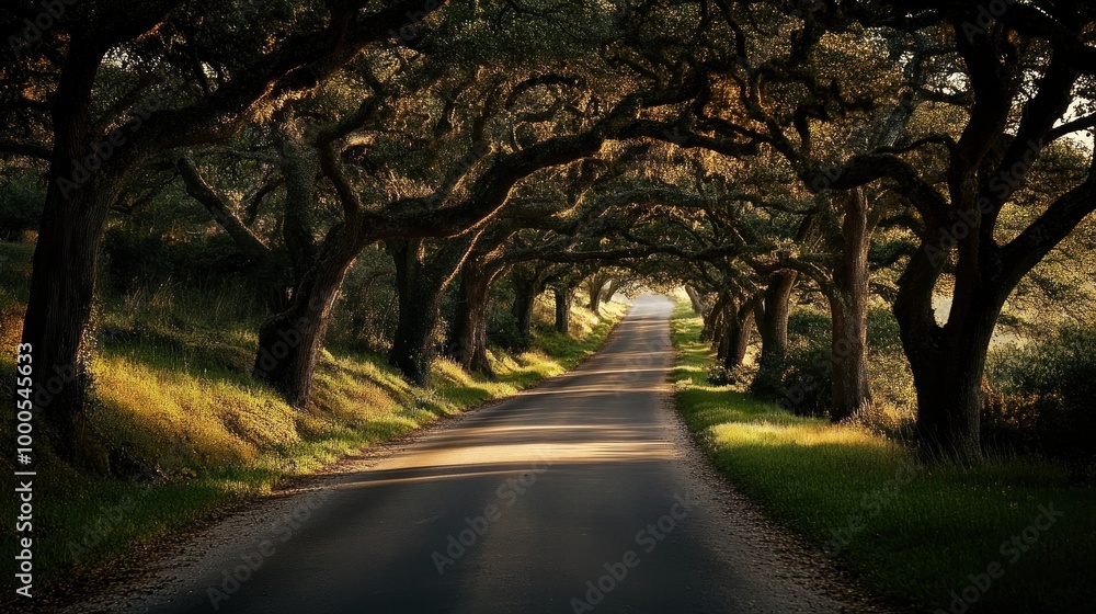 Naklejka premium A serene road lined with majestic trees, inviting exploration and tranquility.