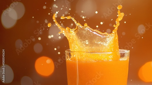 A splash of orange juice in a glass with a vibrant background.