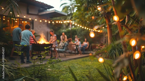 Outdoor barbecue party with friends, warm lights in garden setting.