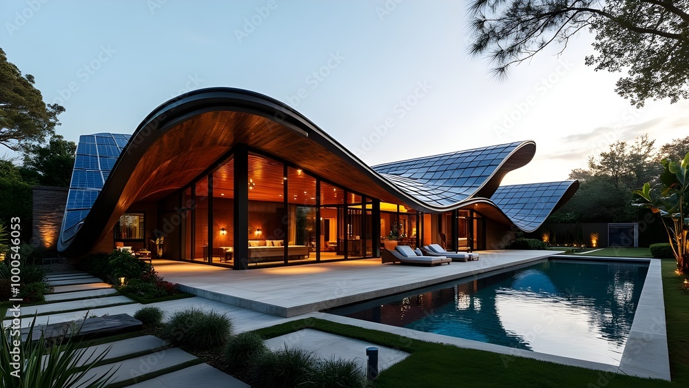 Obraz premium Modern Home with Curved Design, Solar Panels, and Pool