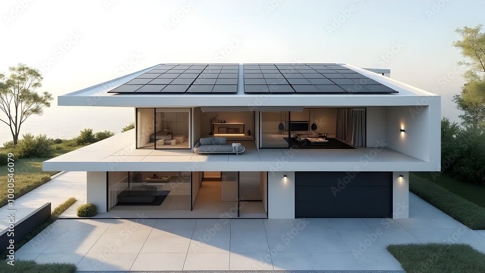 Fototapeta premium Modern Home with Solar Panels and Open Floor Plan