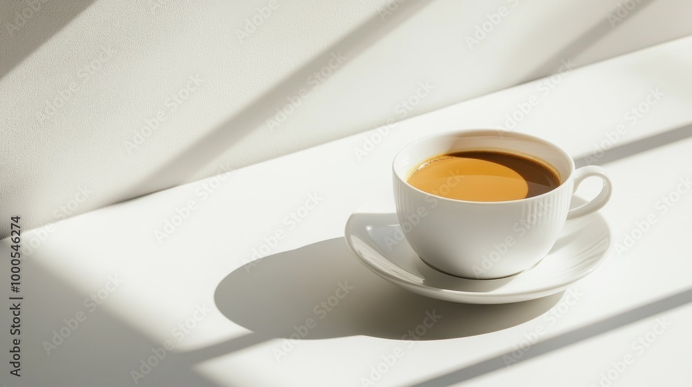 A cup of coffee on a white surface, illuminated by soft shadows. A cup of coffee on a white surface, illuminated by soft shadows.