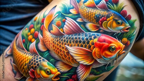 Vibrant and Artistic Koi Fish Tattoos Displaying Intricate Designs and Vivid Colors on Skin