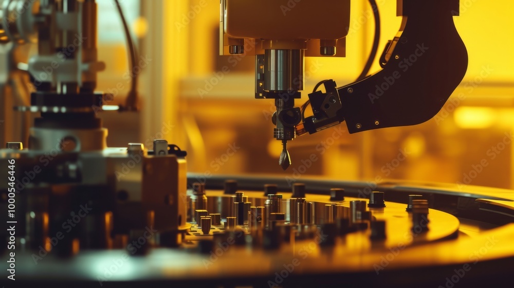 A close-up shot of a robotic arm working on an automated assembly line in a manufacturing plant. The warm lighting highlights the precision and advanced technology involved in industrial automation. A close-up shot of a robotic arm working on an automated assembly line in a manufacturing plant. The warm lighting highlights the precision and advanced technology involved in industrial automation.