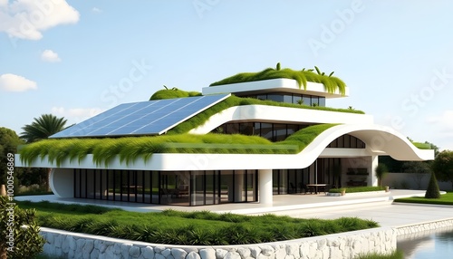 Modern Sustainable Home with Green Roof and Solar Panels