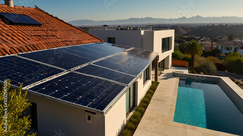 Home with solar panels on the roof under a bright sky. Clean and renewable energy source photo