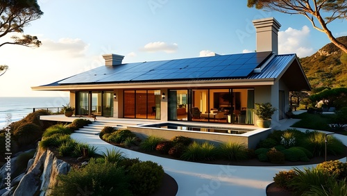 Modern Sustainable Home with Solar Panels and Ocean View photo