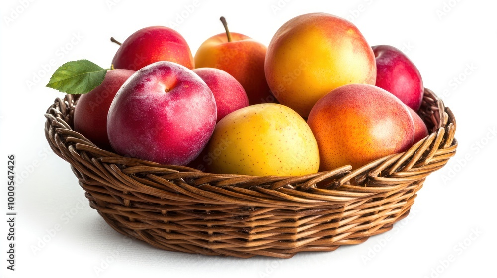 A woven basket filled with various apples and nectarines on a white background. A woven basket filled with various apples and nectarines on a white background.