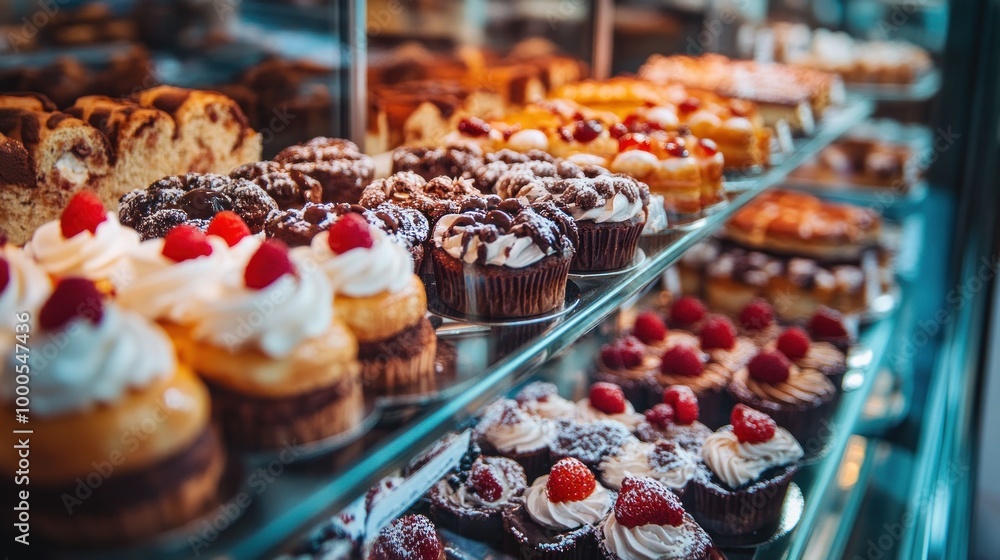 A display of assorted delicious cupcakes and pastries in a bakery. A display of assorted delicious cupcakes and pastries in a bakery.