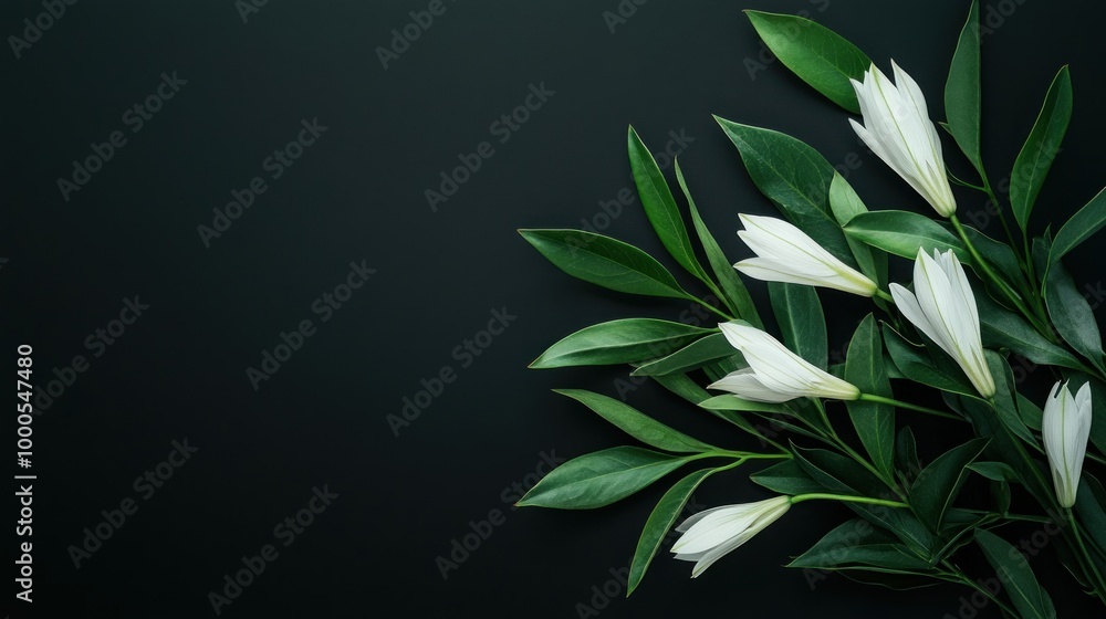A serene arrangement of white lilies and green leaves on a dark background. A serene arrangement of white lilies and green leaves on a dark background.