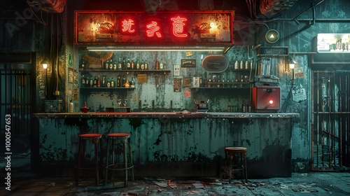 A Grungy Bar in the City: Neon Lights and Empty Stools