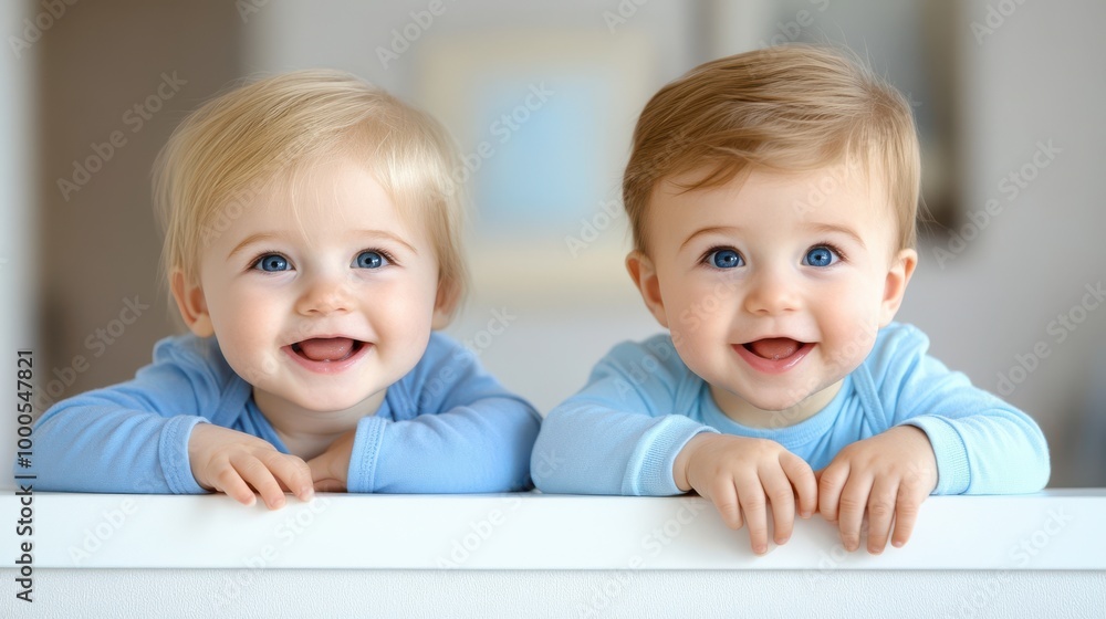 Adorable Twin Baby Boys Smiling and Looking at the Camera Adorable Twin Baby Boys Smiling and Looking at the Camera