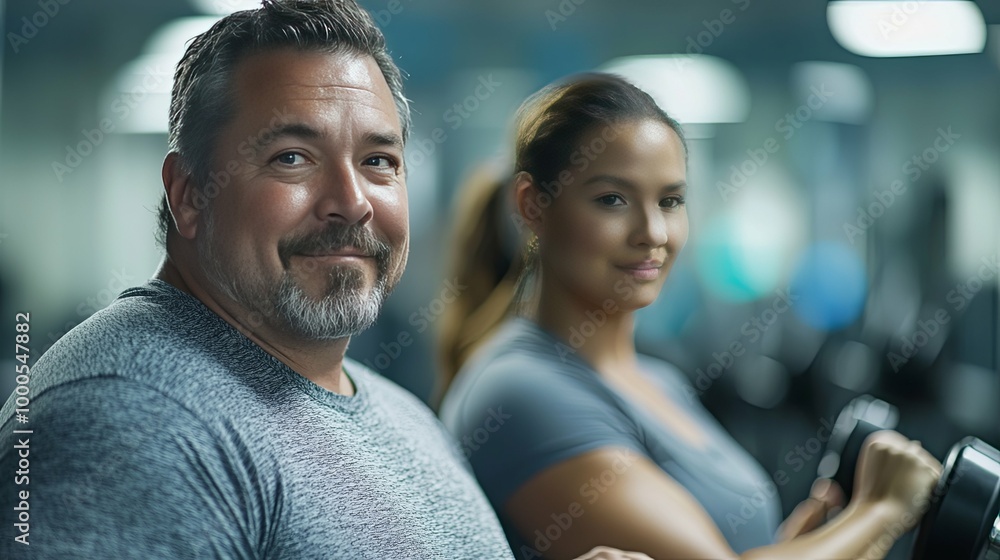 Man with Grey Beard Smiles While Woman Lifts Weights in the Background Man with Grey Beard Smiles While Woman Lifts Weights in the Background